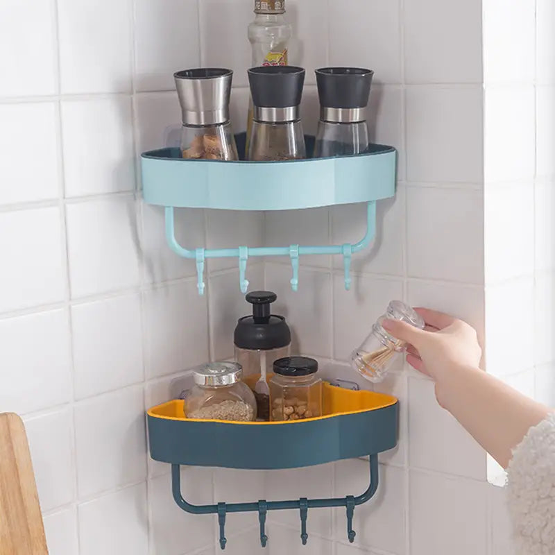 Corner Adhesive Storage Shelf with Hooks
